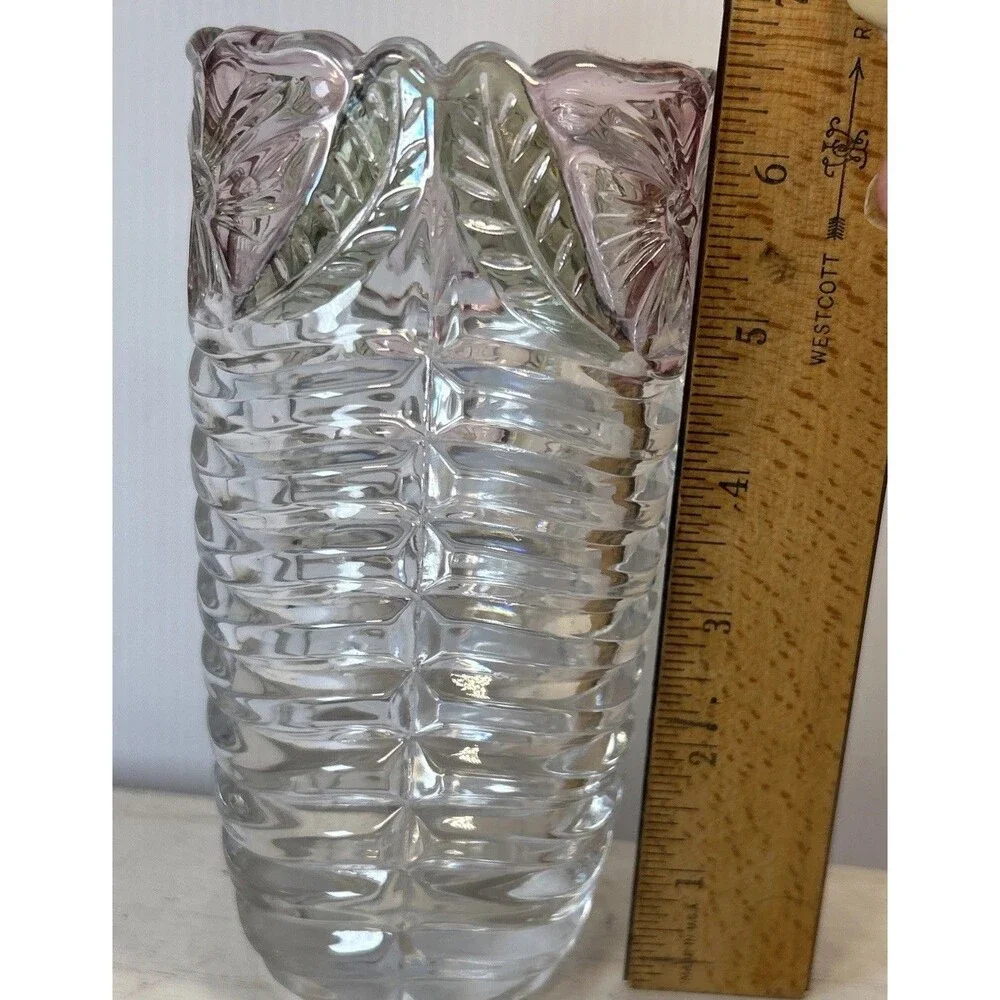 Beautiful Clear Glass Vase With Raised Pink Rose & Leaf Design 7